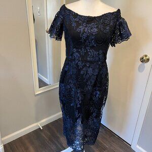 Xscape Off-Shoulder Black and Blue Lace Midi Dress